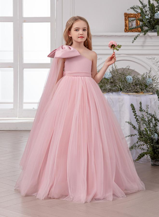 تايك تو فستان طويل بناتي شبكي وردي بكتف واحد - Image 1